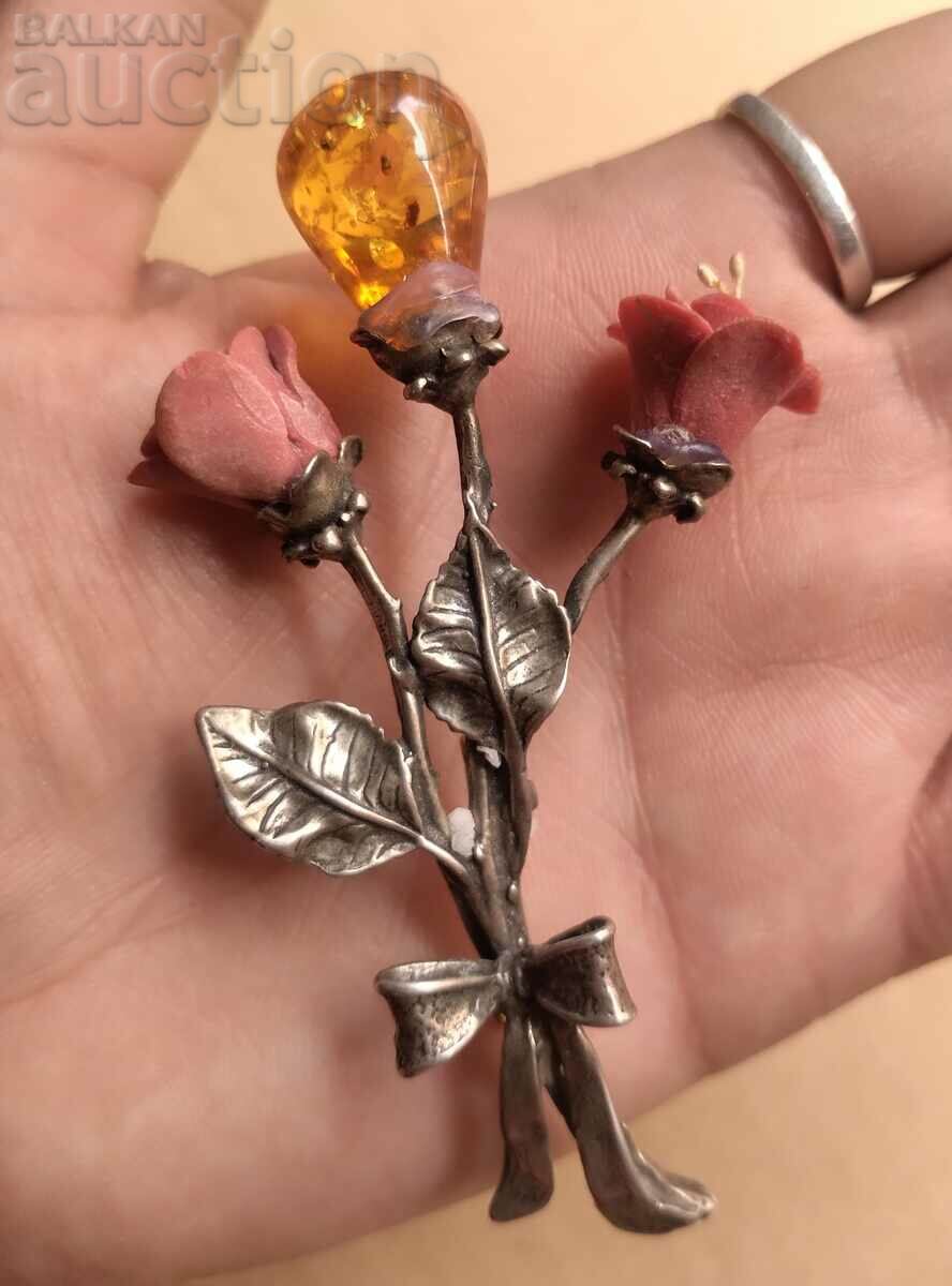 Ασημένια Μπουκέτο Καρφίτσα Τριαντάφυλλα Κεχριμπάρι