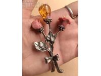 Silver Brooch Bouquet Roses Amber
