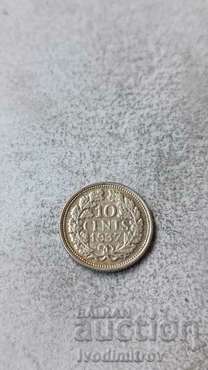Холандия 10 цента 1937 Сребро