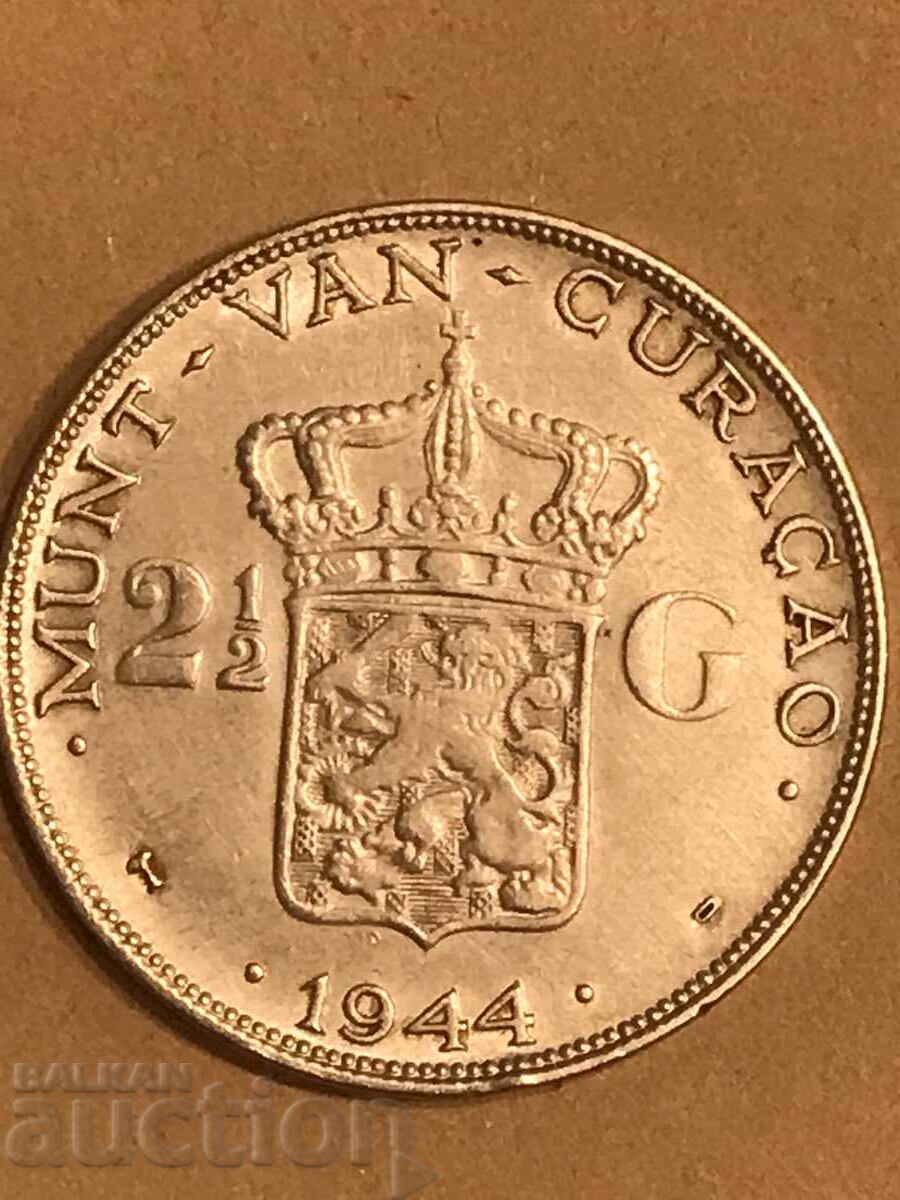 Кюрасао Холандия 2 1/2 гулдена 1944 Вилхелмина сребро