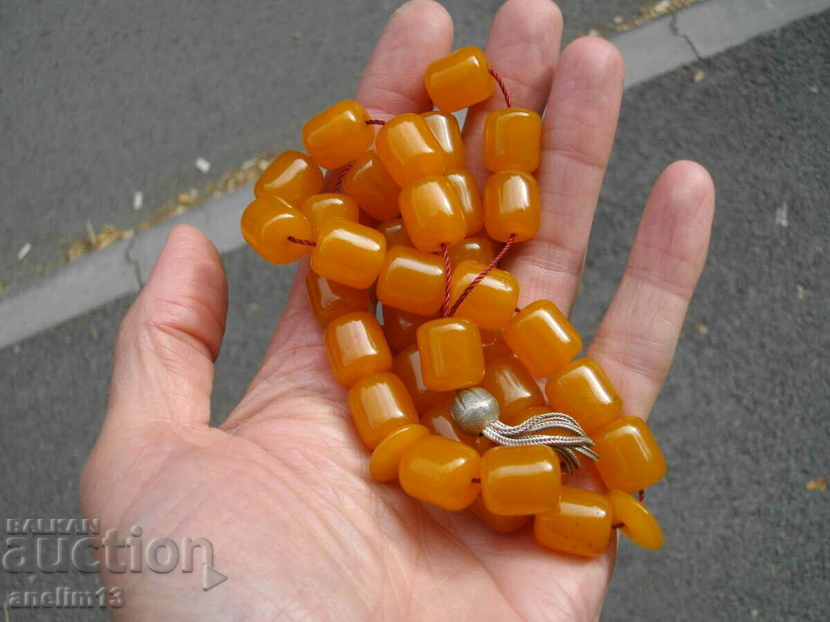 OLD BAKELITE AMBER CATALINE ROSARY WITH SILVER TASSEL - 5