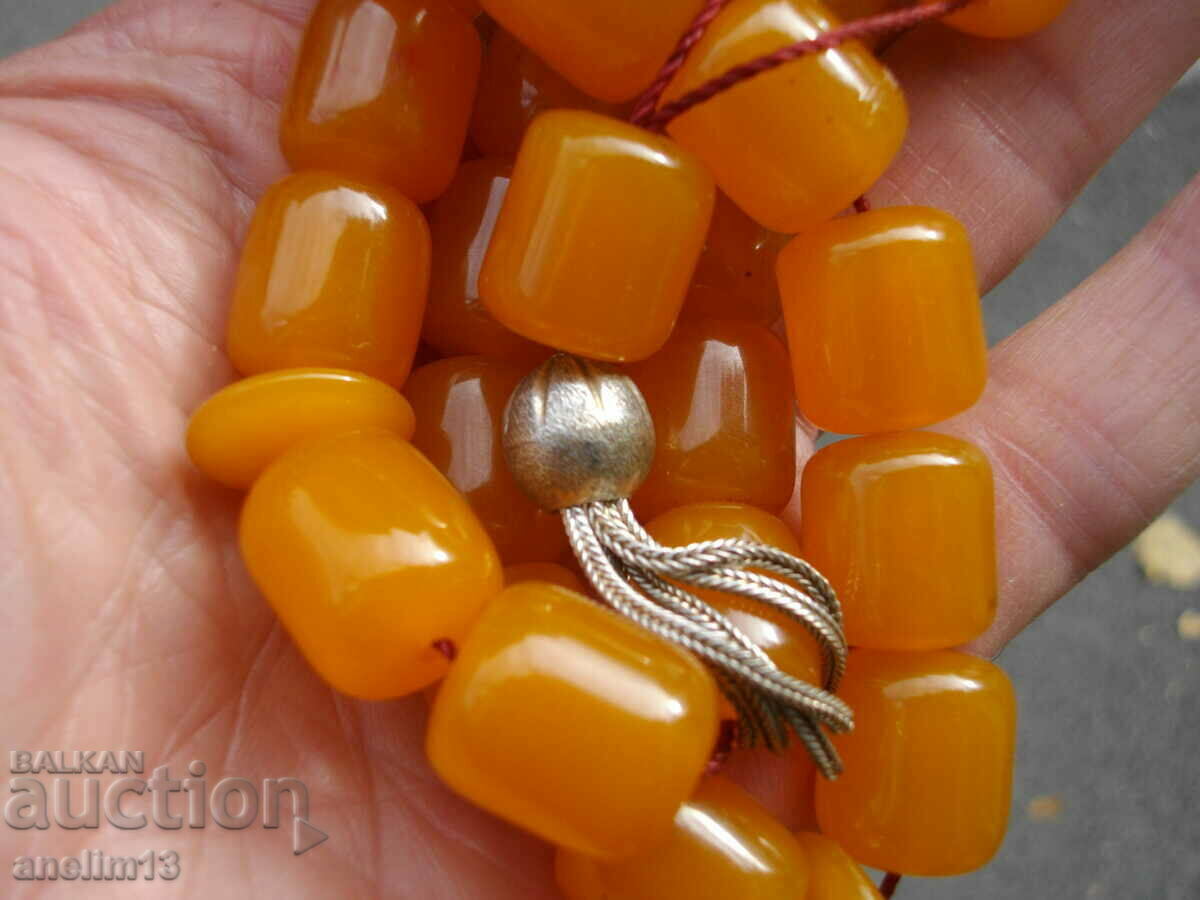 OLD BAKELITE AMBER CATALINE ROSARY WITH SILVER TASSEL - 6