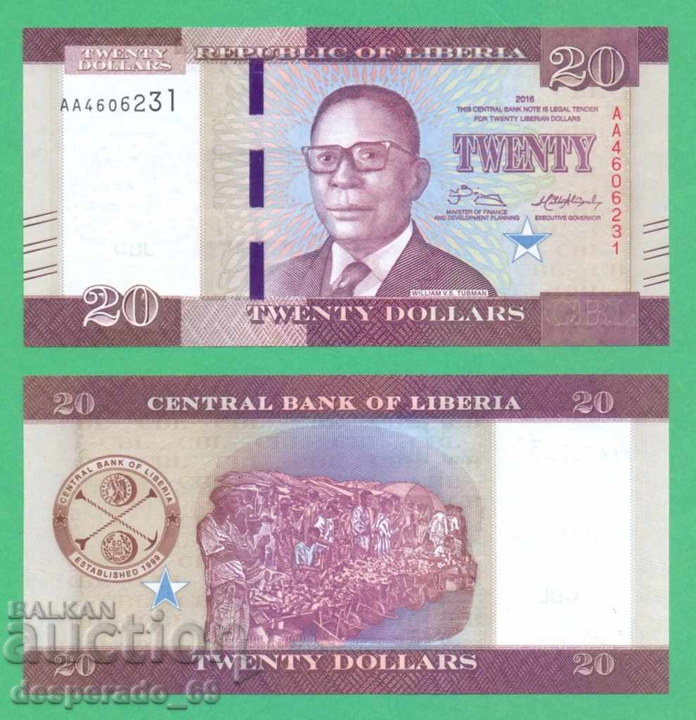 (¯`'•.¸ LIBERIA 20 USD 2016 UNC ¸.•'´¯)