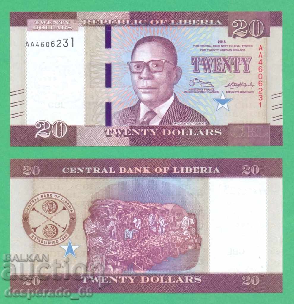 (¯`'•.¸ LIBERIA $20 2016 UNC ¸.•'´¯)