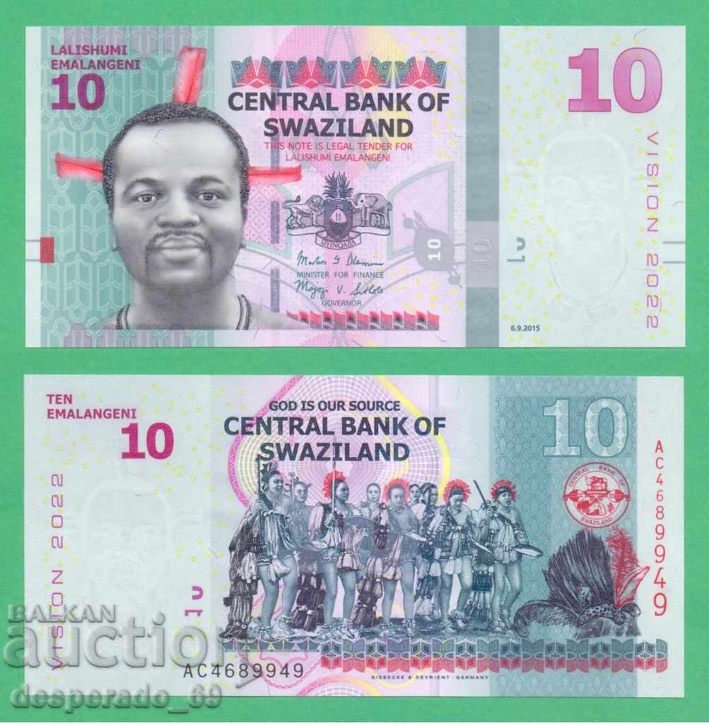 (¯`'•.¸ SWAZILAND 10 Emalangeni 2015 UNC ¸.•'´¯)