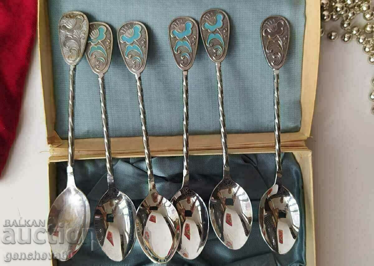 Auction Collection spoons with enamel in a box Auction Collection spoons with enamel in a box