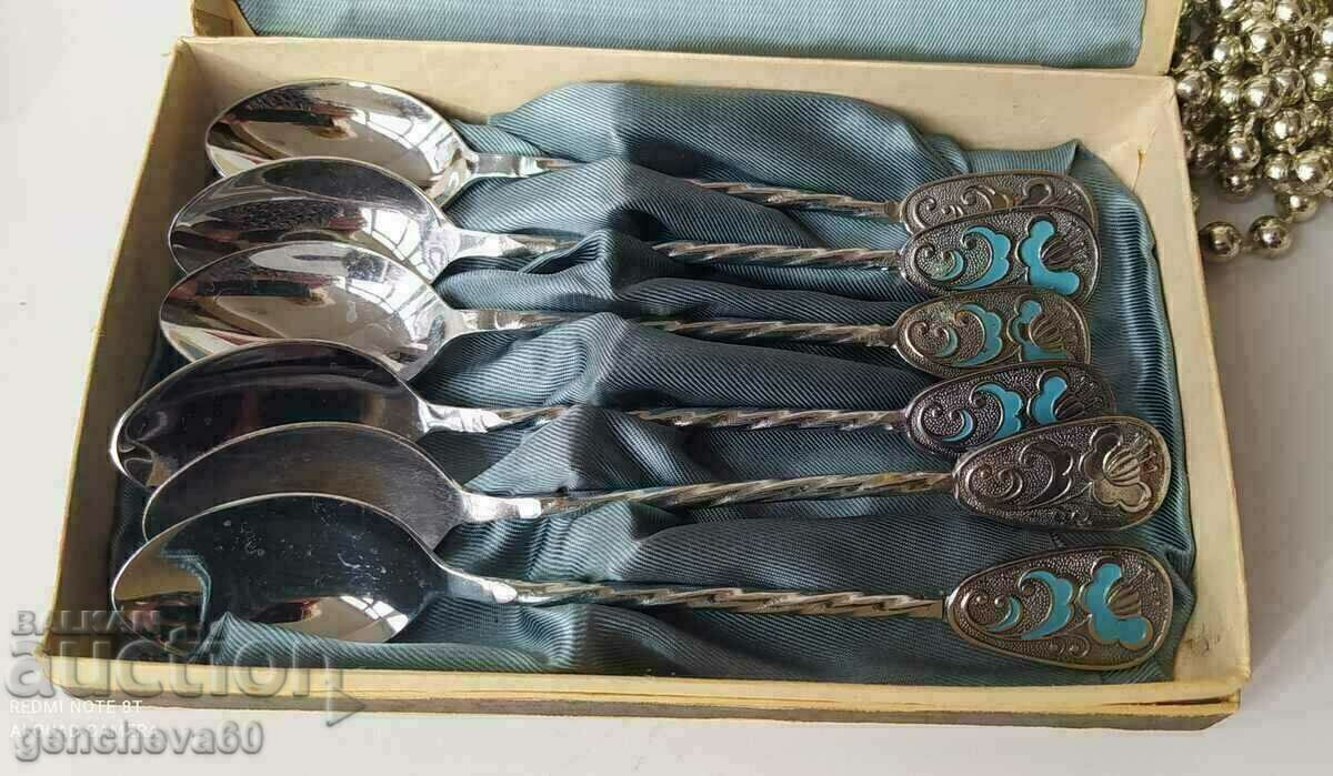 Collection spoons with enamel in a box Collection spoons with enamel in a box
