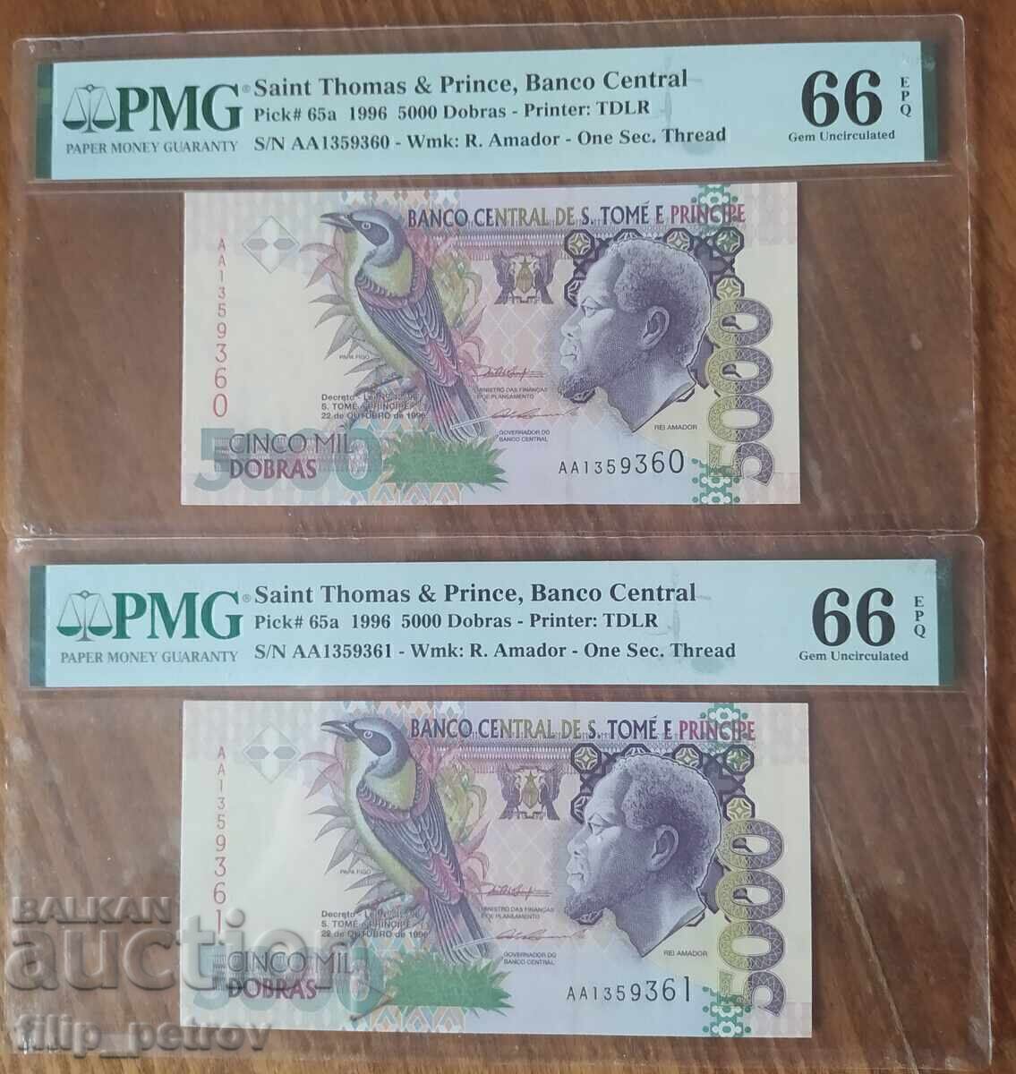 Auction PMG 66 - 2 banknotes with consecutive numbers Sao Tome and Principe - 5 Auction PMG 66 - 2 banknotes with consecutive numbers Sao Tome and Principe - 5