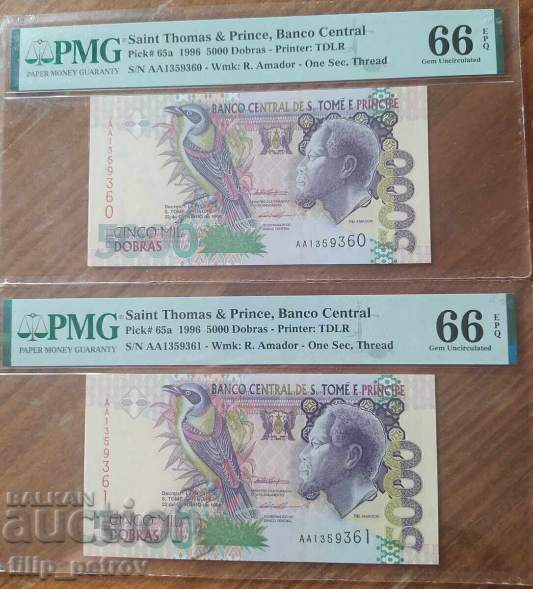 PMG 66 - 2 banknotes with consecutive numbers Sao Tome and Principe - 5 - 5 PMG 66 - 2 banknotes with consecutive numbers Sao Tome and Principe - 5 - 5