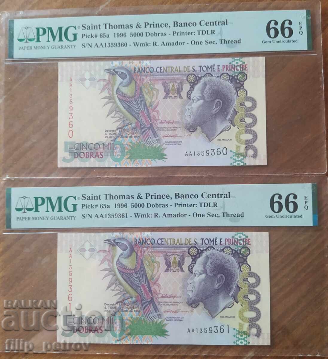 PMG 66 - 2 banknotes with consecutive numbers Sao Tome and Principe - 5 PMG 66 - 2 banknotes with consecutive numbers Sao Tome and Principe - 5