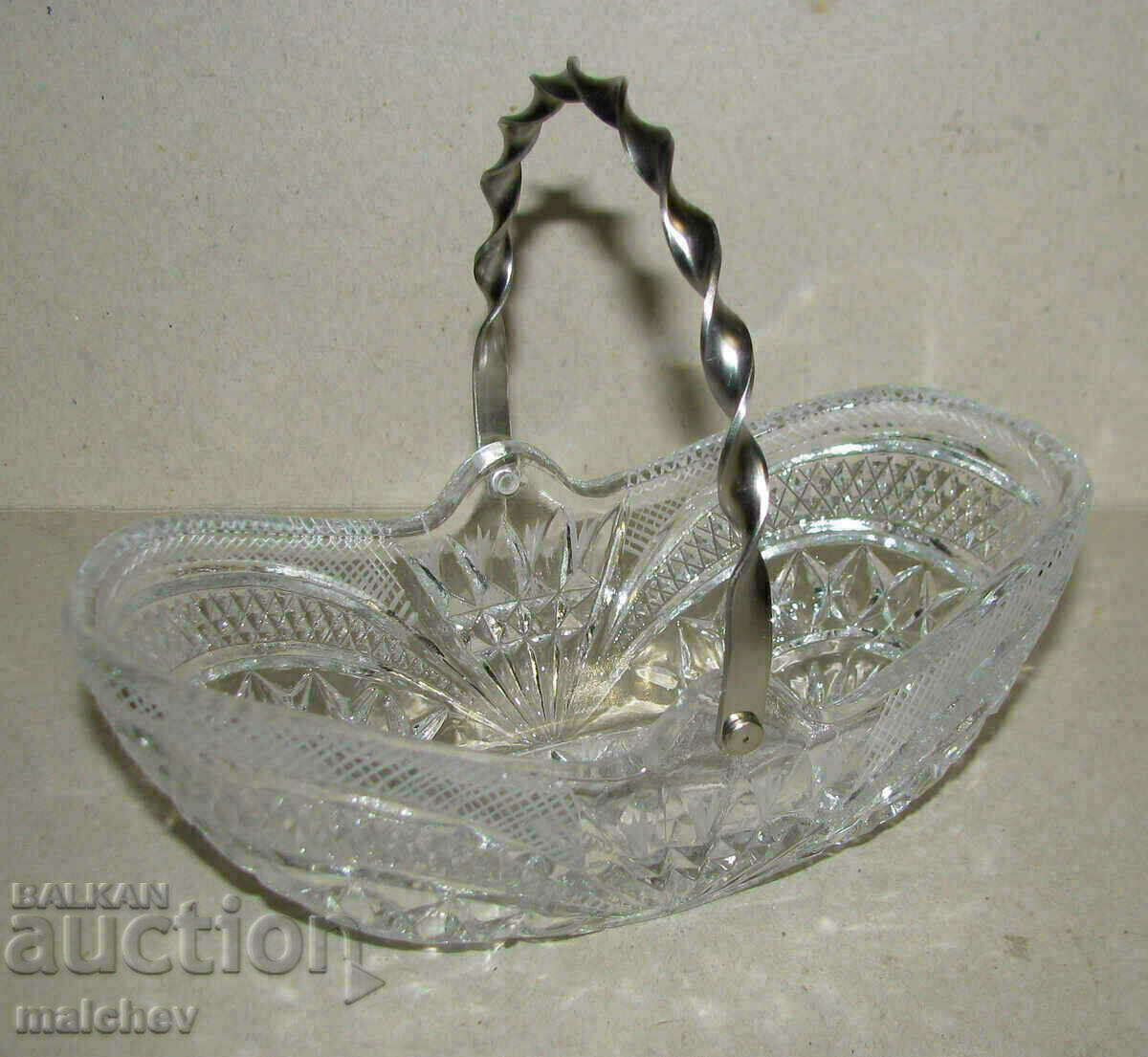 Old crystal candy bowl 18 cm ice bowl metal handle