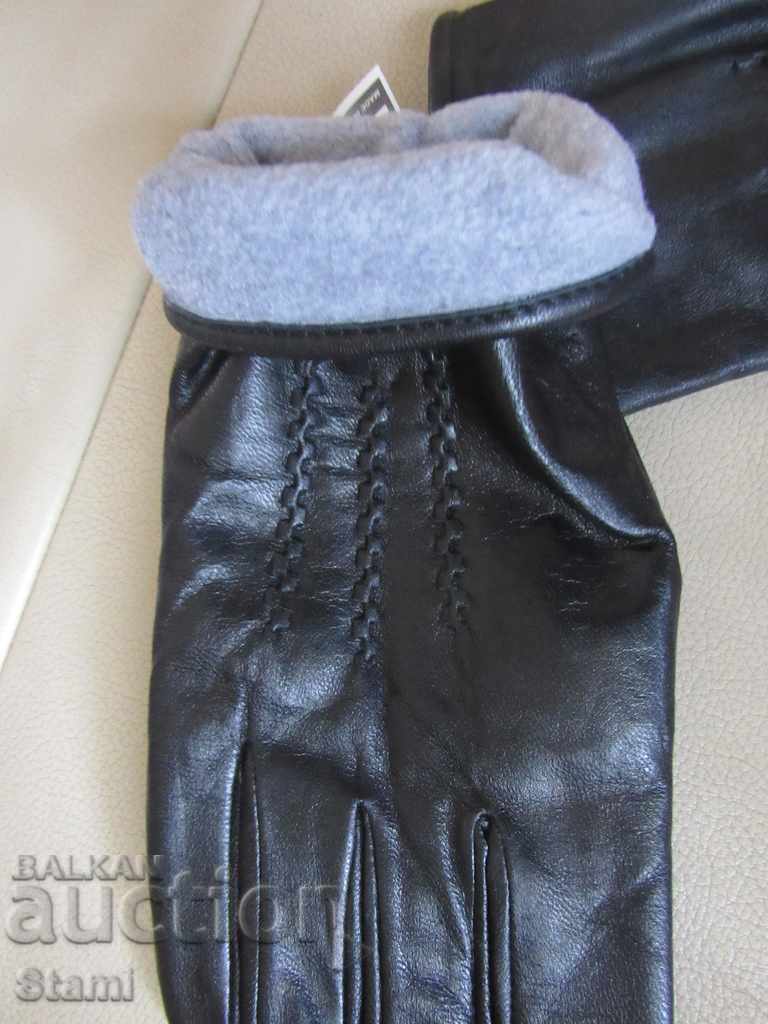 Black men's leather gloves with genuine leather lining, - 5 Black men's leather gloves with genuine leather lining, - 5