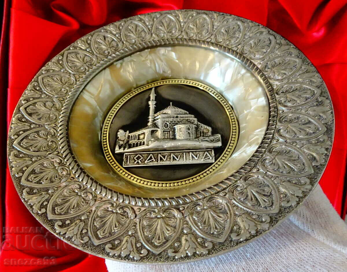 Auction Panel, wall plate, pewter, mother of pearl, Greece. Auction Panel, wall plate, pewter, mother of pearl, Greece.