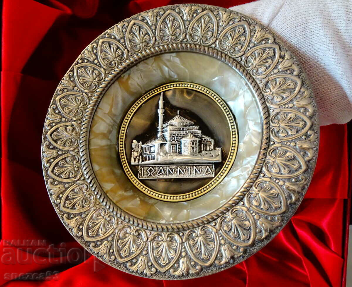 Panel, wall plate, pewter, mother of pearl, Greece. Panel, wall plate, pewter, mother of pearl, Greece.