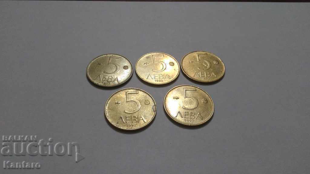 Coin - BULGARIA - 5 BGN - 1992 - 5 pieces