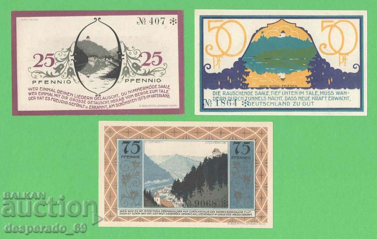 (¯`'•.¸NOTGELD (orașul Ziegenrück) 1921 UNC -3 buc. bancnote '´¯)