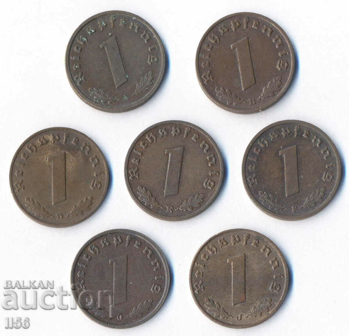 Германия - 1 пфенинг 1939 - всички монетни дворове