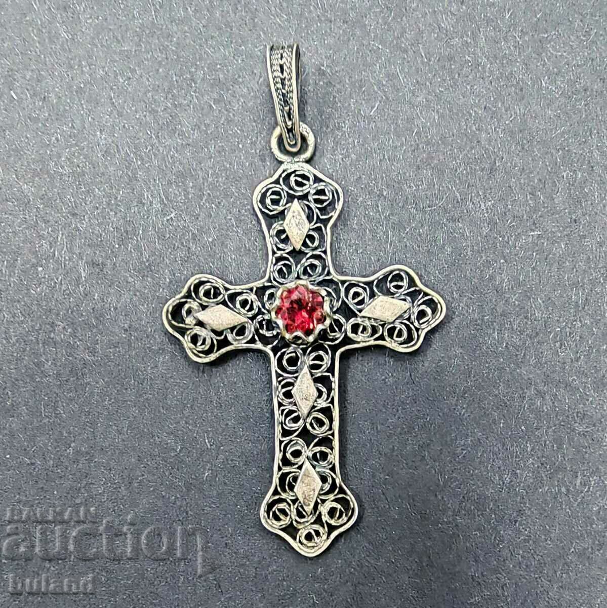 Old Silver Cross Filigree with Red Stone Silver
