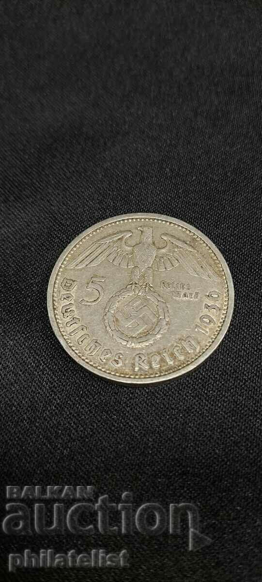 Germany - Third Reich - 5 DM - 1936 - A with price 55.00 BGN | € 28.12