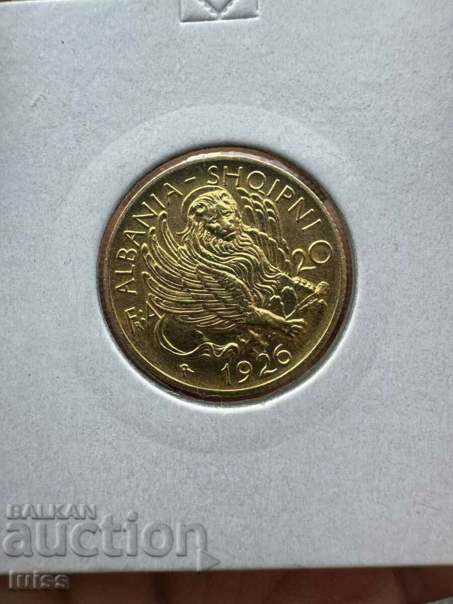 Moneda de aur Albania 20 Franci Ari 1926. Skanderbeg