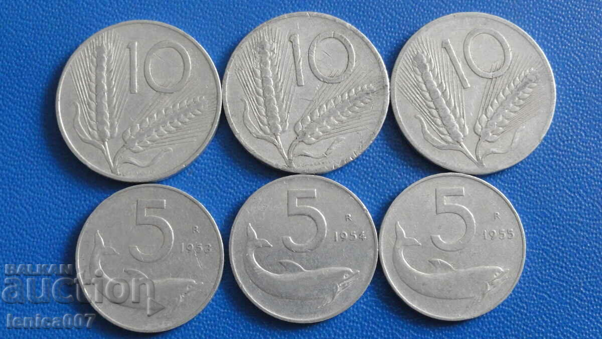 Auction Italy 1951-55 - 5 and 10 pounds (6 pieces) Auction Italy 1951-55 - 5 and 10 pounds (6 pieces)