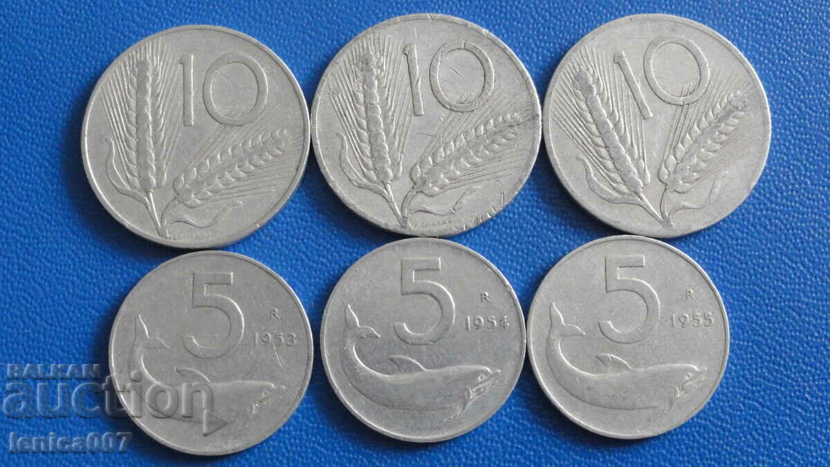 Италия 1951-55г. - 5 и 10 лири (6 броя)