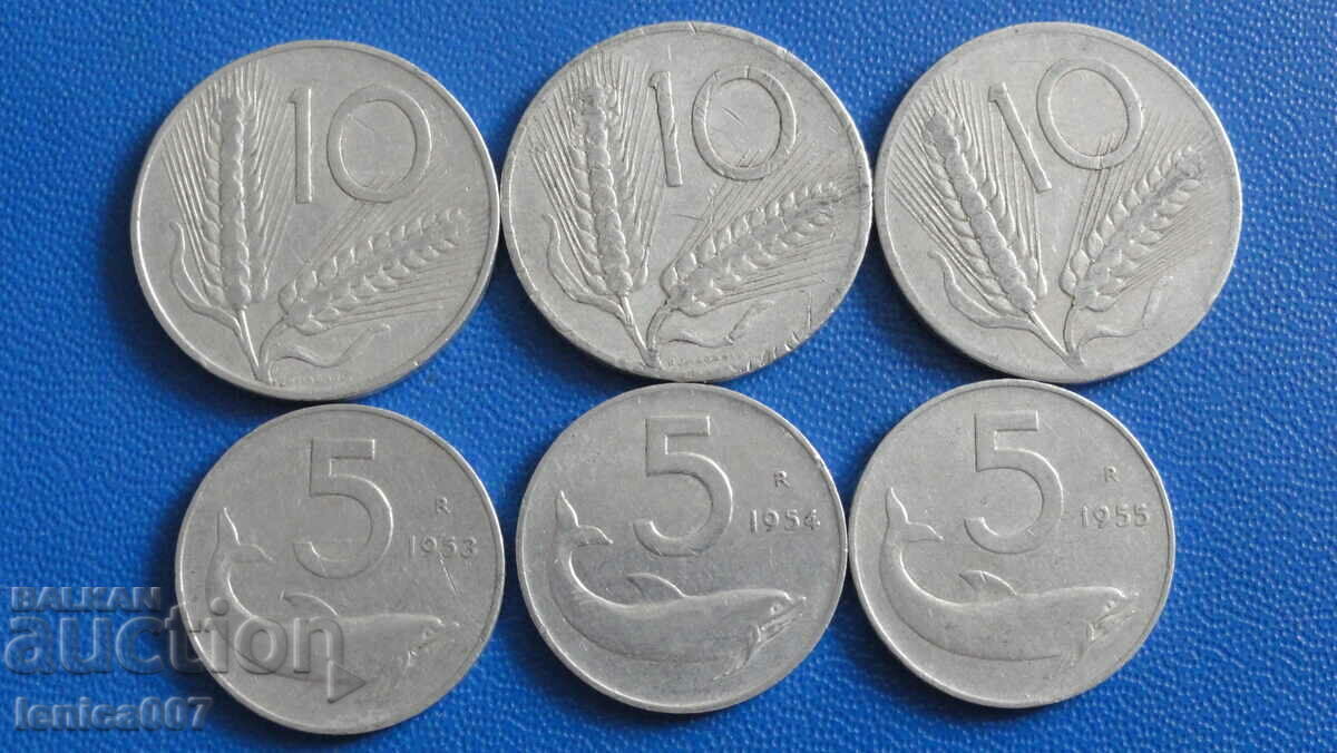 Italy 1951-55 - 5 and 10 pounds (6 pieces) Italy 1951-55 - 5 and 10 pounds (6 pieces)