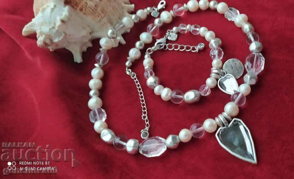 Designer necklace and bracelet, pearls, crystals, hearts