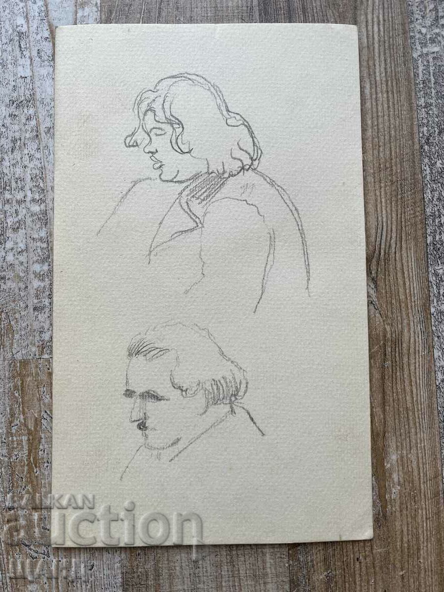 Old Drawing Pencil Portrait Man Woman