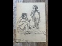 Old Drawing Pencil Portrait Children Eating Watermelon