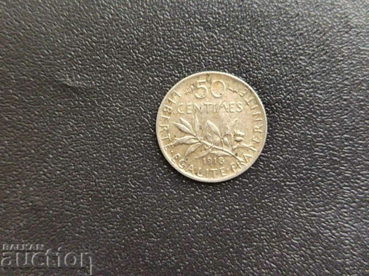 Moneda Franta de 50 de centi din argint din 1918