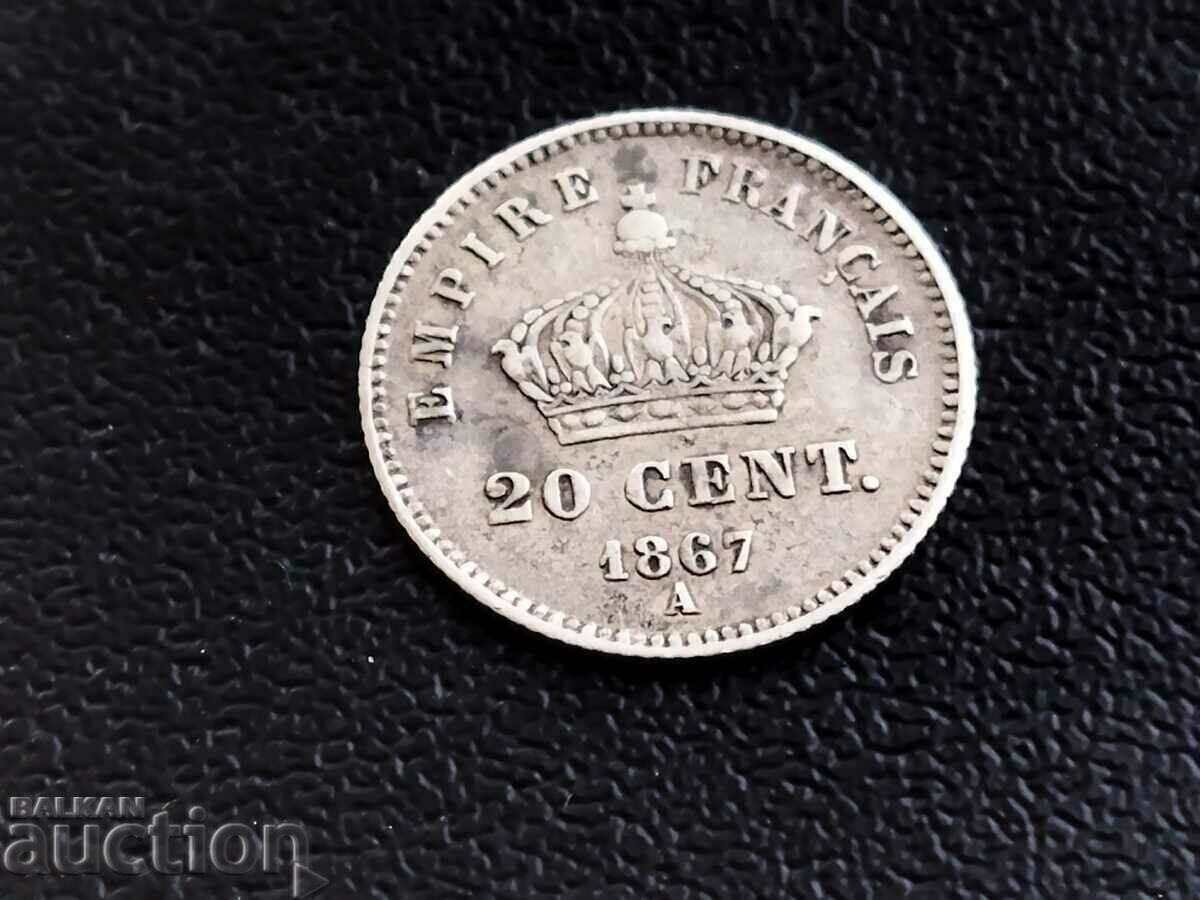 France coin 20 centimes 1867 A /Paris/ with price 30.00 BGN | € 15.34 France coin 20 centimes 1867 A /Paris/ with price 30.00 BGN | € 15.34