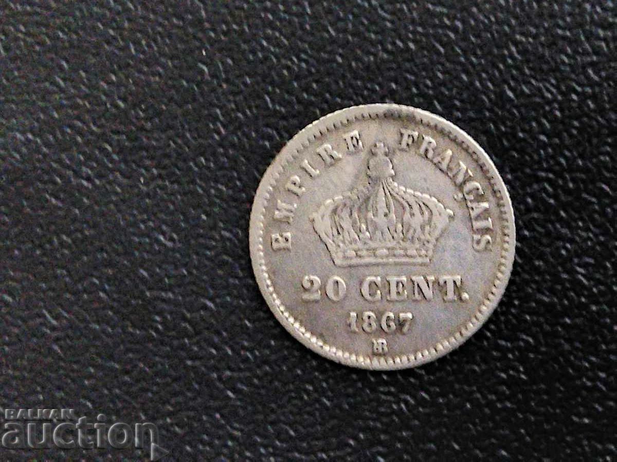 Франция монета 20 сантима 1867г.ВВ /Брюксел/