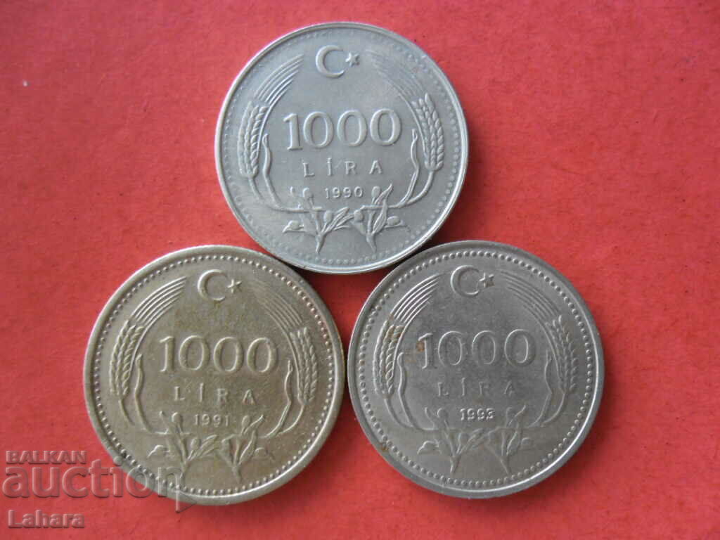 1000 Lira 1990, 1991 and 1993 Turkey