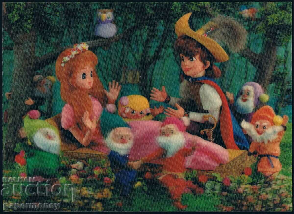 3D Japanese postcard Snow White dwarfs stereo