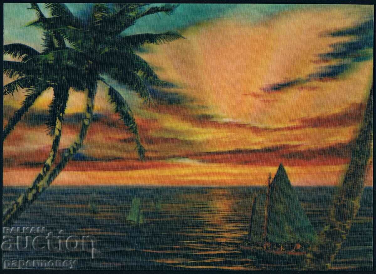 3D Japanese postcard sunset boats sunrise palm trees stereo