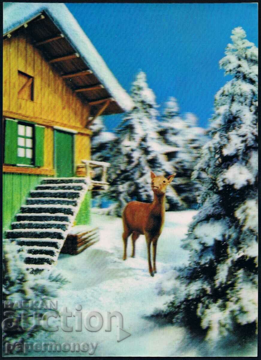 3D Japanese postcard doe winter house pines stereo
