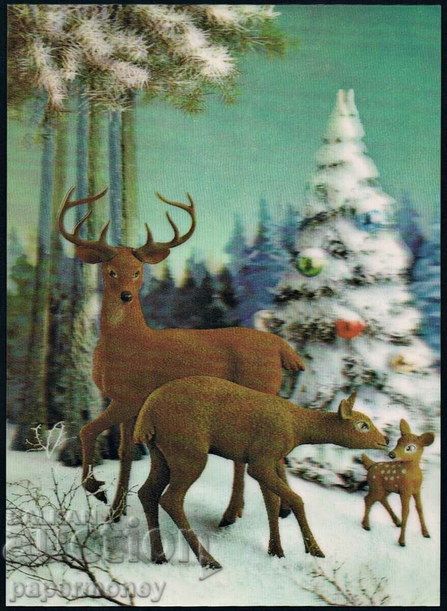 3D Japanese postcard deer doe deer winter stereo