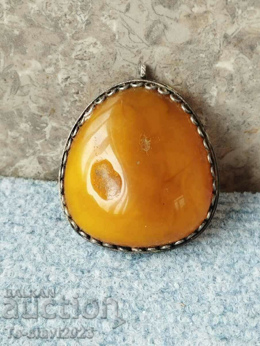 Old silver pendant, locket - silver and amber