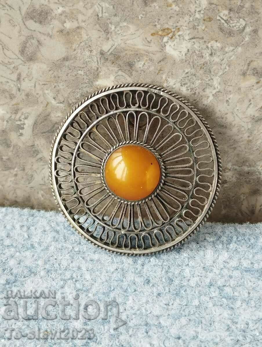 Old silver pendant, locket - silver and amber
