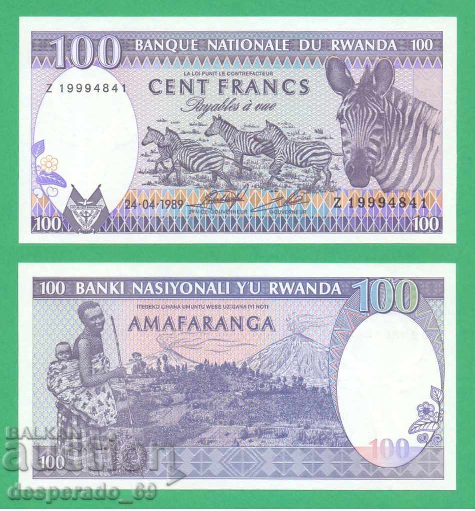 (¯`'•.¸ RWANDA 100 francs 1989 UNC ¸.•'´¯)