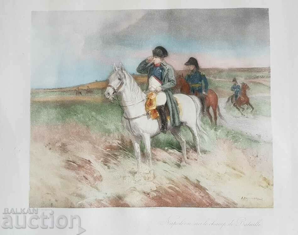 Δημοπρασία Έγχρωμη λιθογραφία του Napoleon Bonopart στο πεδίο της μάχης 1910