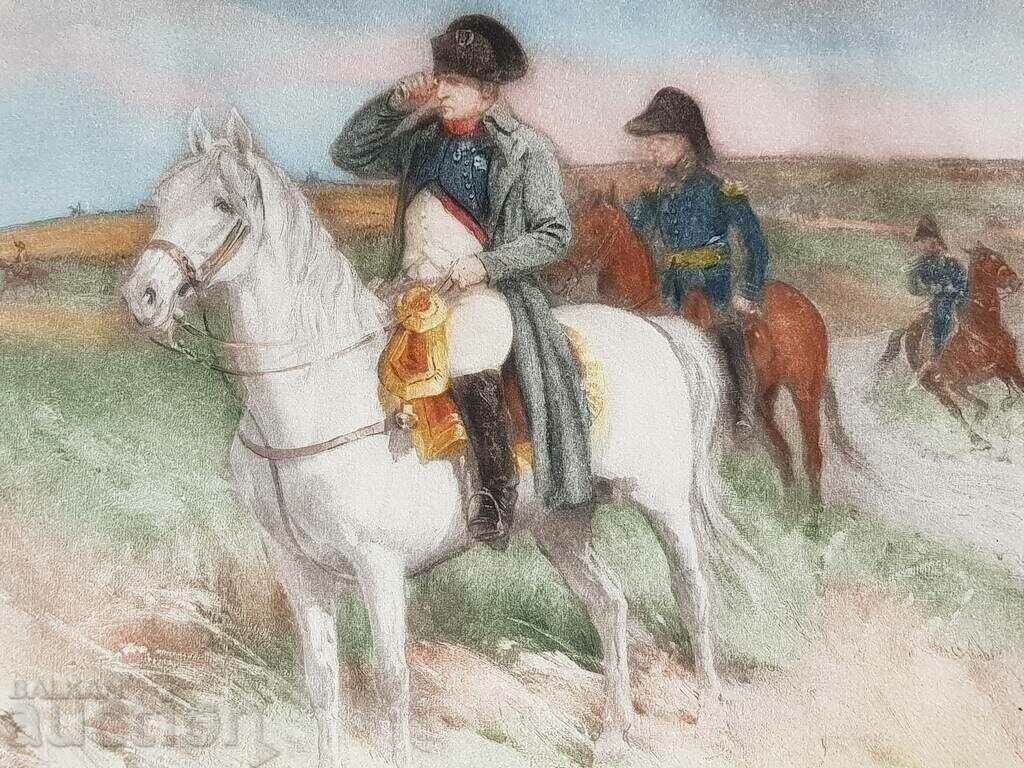 Delivery of Napoleon Bonopart on the battlefield 1910 color lithography Delivery of Napoleon Bonopart on the battlefield 1910 color lithography