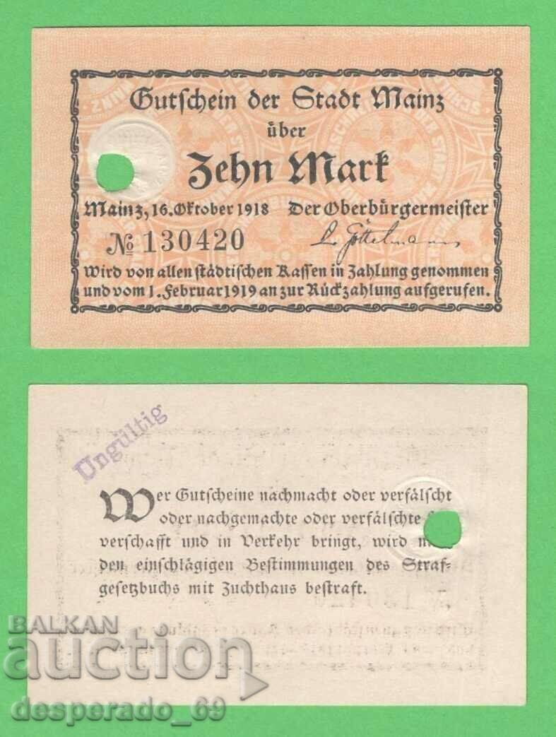 (¯`'•.¸GERMANY (Mainz) 10 Marks 1918 UNC¸.•'´¯)