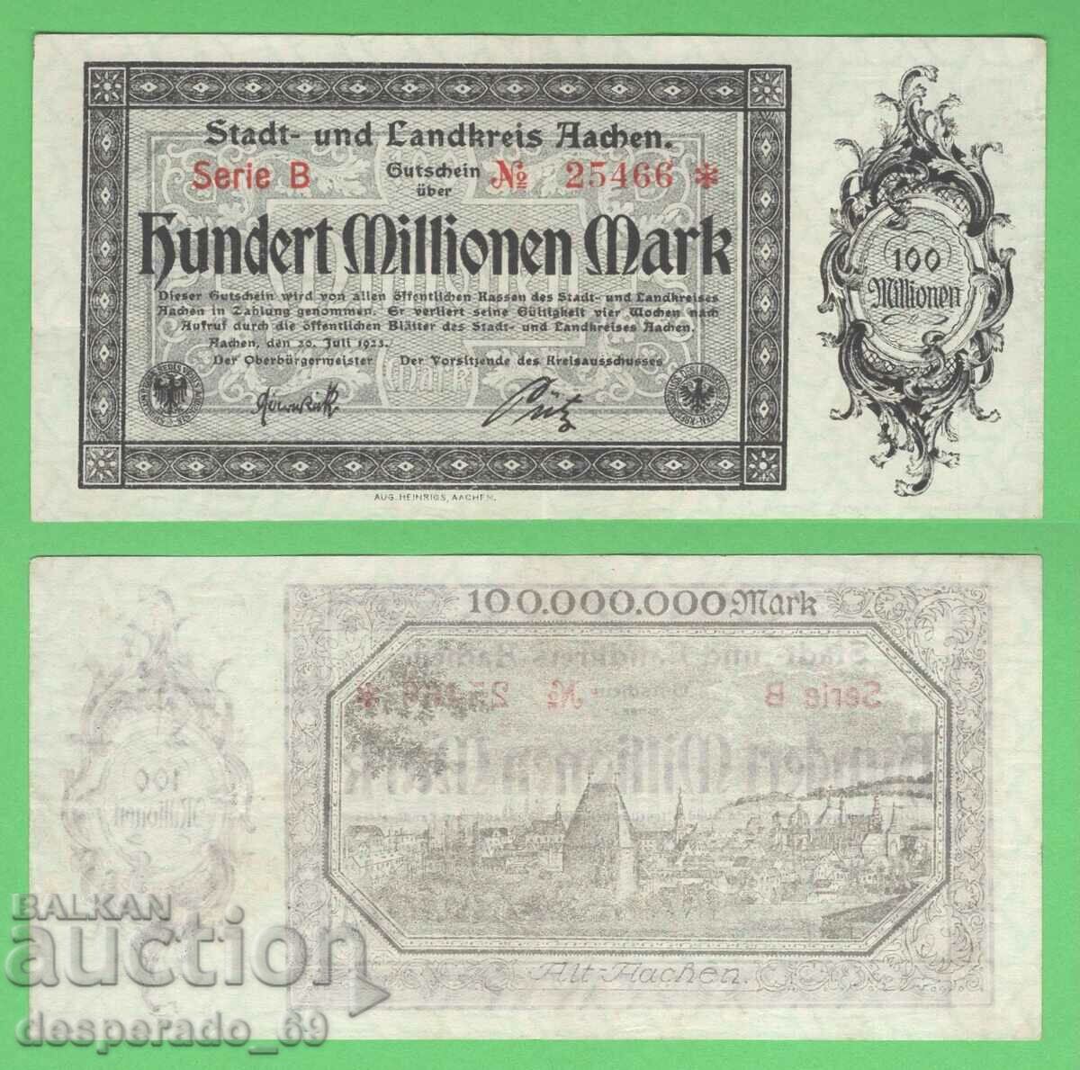 (¯`'•.¸ГЕРМАНИЯ (Aachen) 100 милиона марки 1923 aUNC¸.•'´¯)