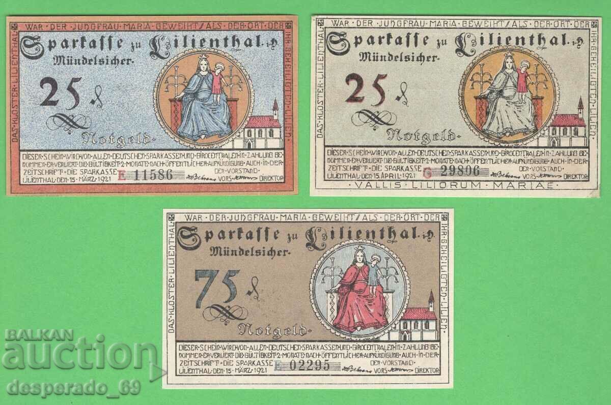 (¯`'•.¸NOTGELD (πόλη Lilienthal) 1921 UNC -3 τεμ. τραπεζογραμμάτια '´¯)