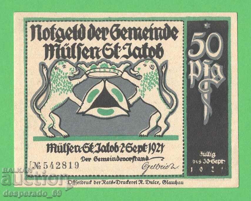 (¯`'•.¸NOTGELD (Mülsen St. Jacob) 1921 UNC -50 pfennig with price 2.80 BGN | € 1.43 (¯`'•.¸NOTGELD (Mülsen St. Jacob) 1921 UNC -50 pfennig with price 2.80 BGN | € 1.43
