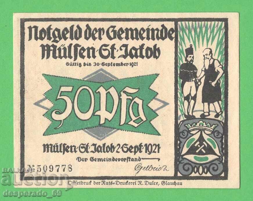 (¯`'•.¸NOTGELD (Mülsen St. Jacob) 1921 UNC -50 pfennig with price 2.80 BGN | € 1.43 (¯`'•.¸NOTGELD (Mülsen St. Jacob) 1921 UNC -50 pfennig with price 2.80 BGN | € 1.43