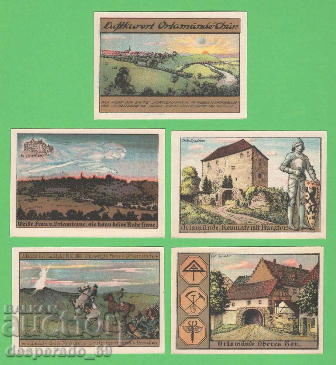 (¯`'•.¸NOTGELD (city Orlamünde) 1921 UNC -5 pcs. banknotes •'´¯)