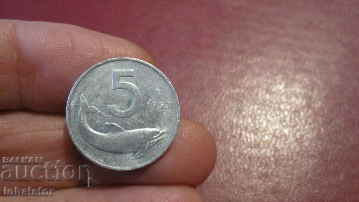 1953 год 5 лири Италия - алуминий - Делфин